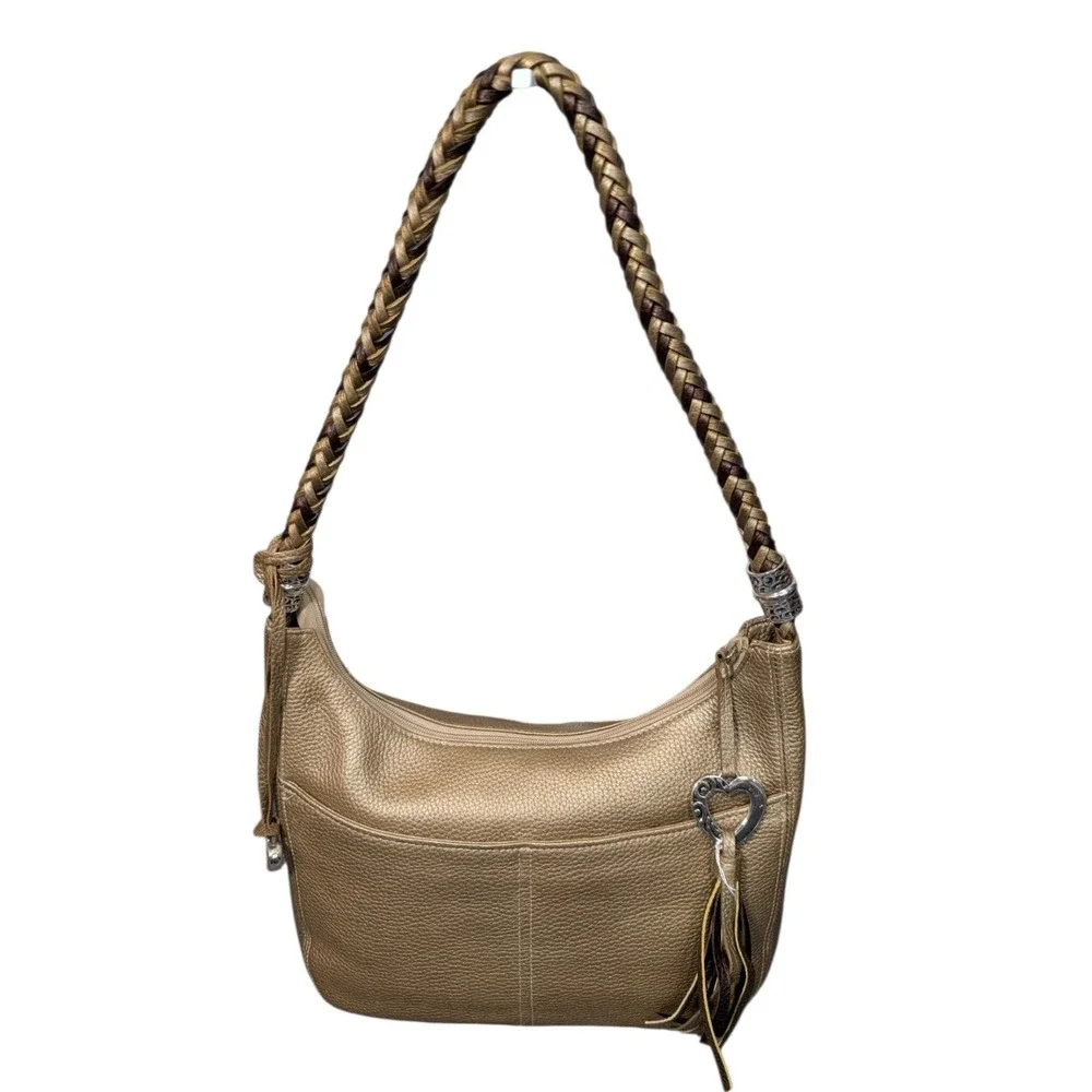 Brighton Metallic Gold Pebbled Leather Braided Strap Hobo Bag D786880